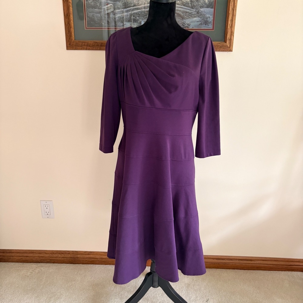 Adrianna Papell Dress Womens 14 Purple Midi A-Line 3/4 Sleeve Pleated Cocktail